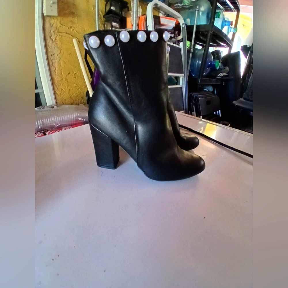 Black High Heel Ankle Boots with Pearl Accents